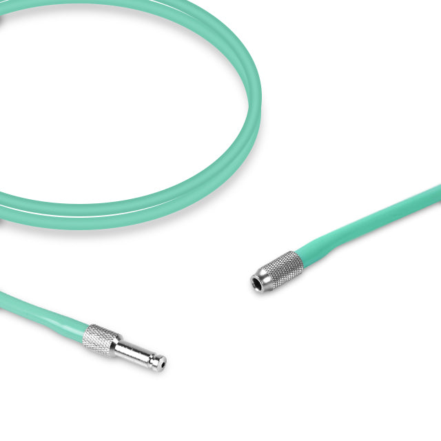 A green single tube neonate NIBP air hose with metallic connectors at both ends, designed for medical equipment.