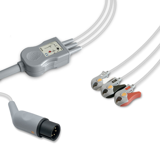 A gray one-piece ECG cable with a 12-pin connector and colored leads, compatible with various medical equipment brands.