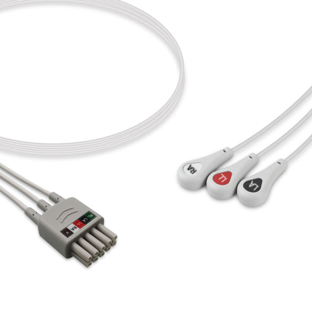 An ECG leadwire set including a multiple-lead snap connector and three individual leads with red, white, and black color coding.