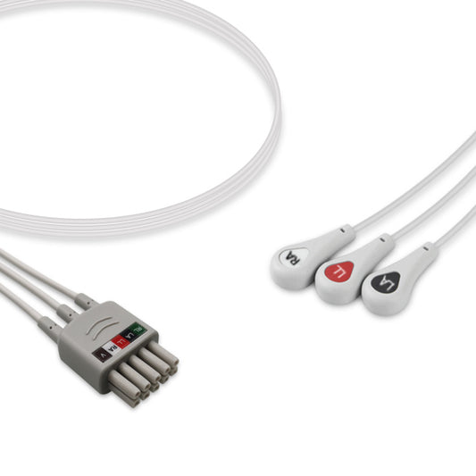 An ECG leadwire set including a multiple-lead snap connector and three individual leads with red, white, and black color coding.
