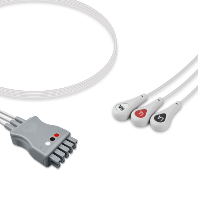A white ECG leadwire with a grey connector and three snap attachments, each labeled with a different color dot marking for medical equipment.