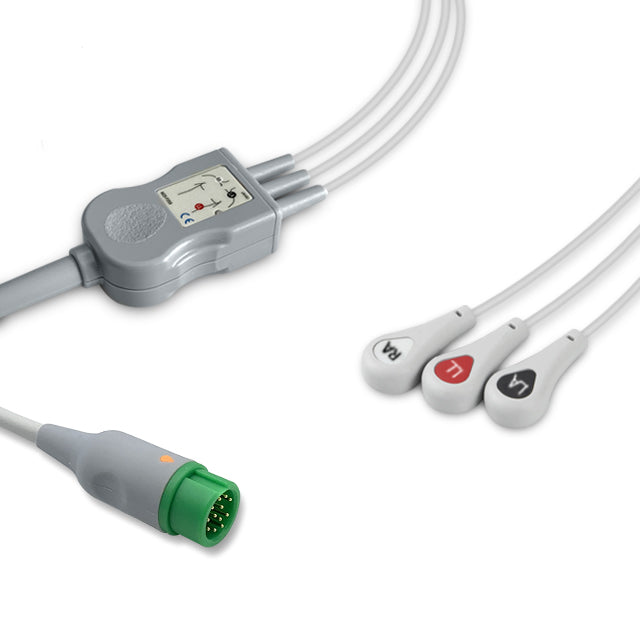 A compatible one-piece ECG cable with a 12-pin connector and snap proximal end, including three white leads with AHA color coding.