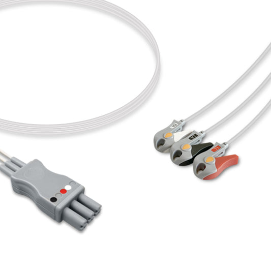 An ECG leadwire with a grey connector and black, red, and green clips.