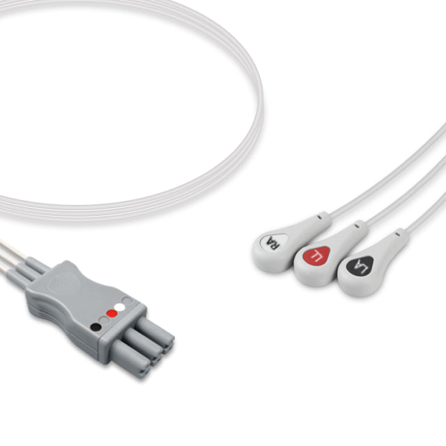 A white ECG leadwire with a grey connector on one end and black and red sensor clips on the other.