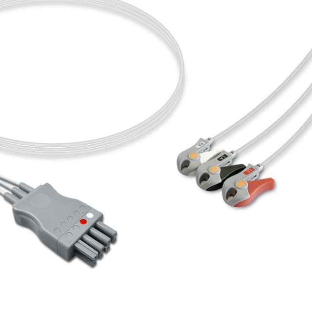 A set of gray Nihon Kohden ECG leadwires with a twin pin connector and color-coded clips for adult/pediatric use.