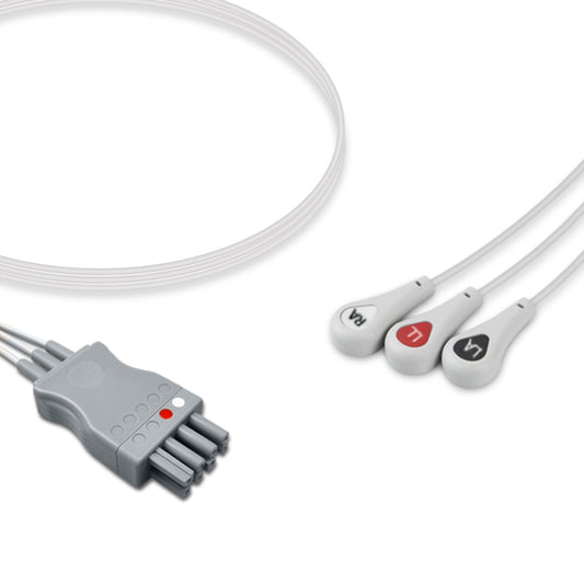 An ECG leadwire set including a distal twin pin connector and proximal snap, primarily in gray color with red and black details.