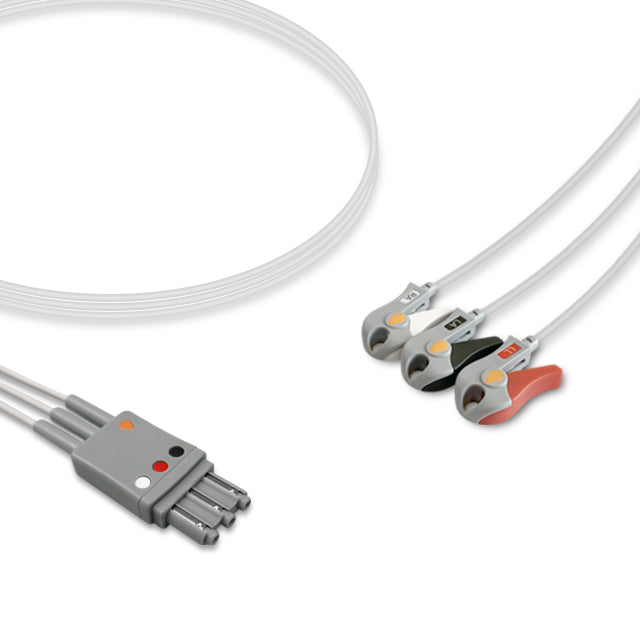 A three-lead ECG (electrocardiogram) cable with a grey connector and black and red clips, compatible with Philips ECG equipment.