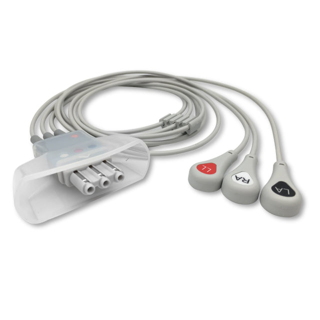 A set of gray ECG (electrocardiogram) leads with a snap connector and three colored buttons (red, white, and black) on the handles.