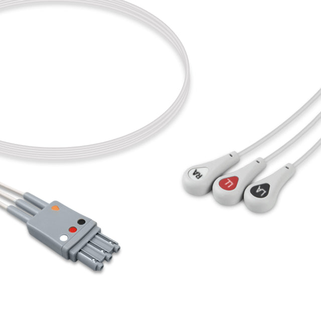 A set of white ECG (electrocardiogram) leads with a snap connector and three different colored markers on the ends.