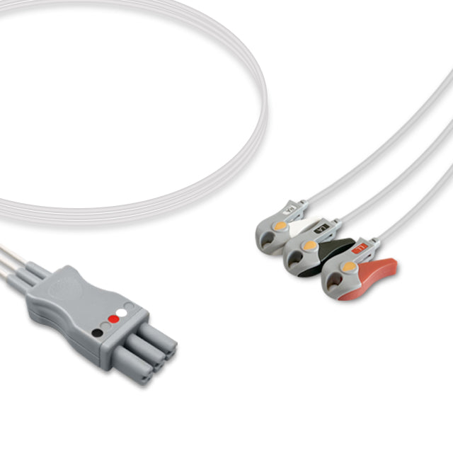 A three-lead ECG (electrocardiogram) cable with a grey connector and black and red clips on a white background.