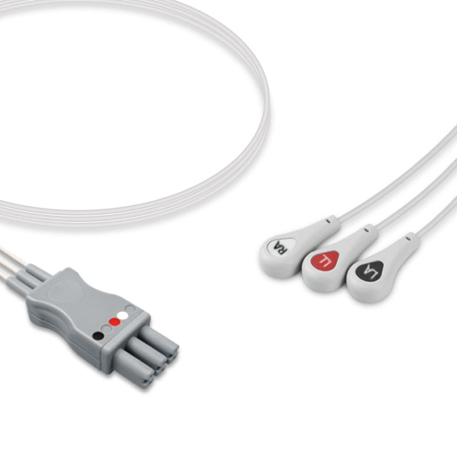A three-lead ECG (electrocardiogram) snap cable with a grey connector and black and red sensors.
