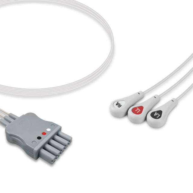 A three-lead ECG (electrocardiogram) cable with a grey connector and two snap attachments, against a white background.