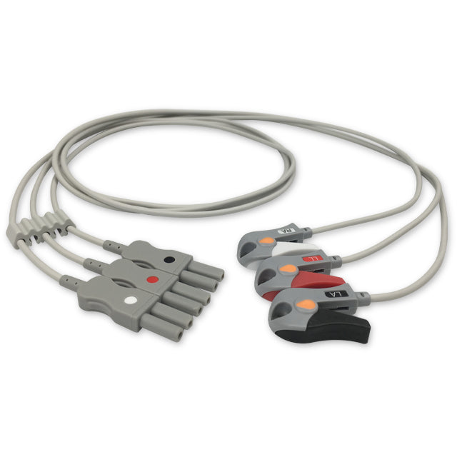 A set of gray Spacelabs ECG leadwires with a twin pin connector and a grabber at the proximal end.