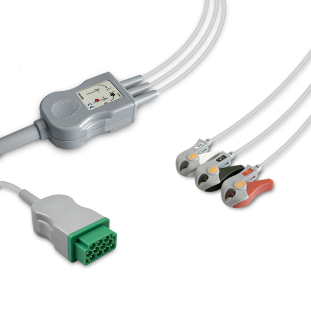 A compatible Marquette One-Piece ECG Cable with a 3-lead design, featuring a central grabber with two sets of wires attached to it, and a green medical connector.