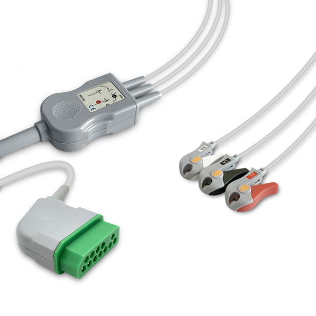 One-piece ECG cable with a grey grabber and green 12-pin connector, alongside white cables with red and black connectors.