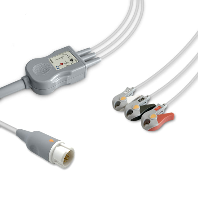 A grey, three-lead ECG (electrocardiogram) cable with a grabber and connectors, against a white background.