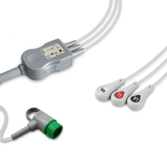 A compatible one-piece ECG cable with a snap connector and colored coding for different lead wires, designed for use with specific medical equipment.