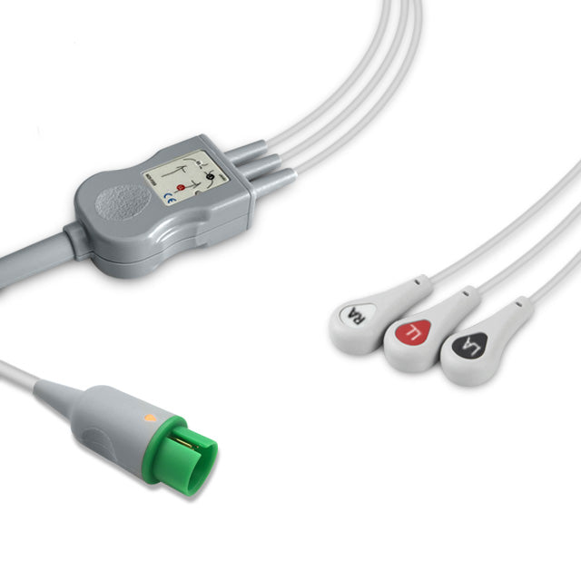 A gray Spacelabs one-piece ECG cable with a 17-pin connector and snap proximal end, including three limb leads with color coding.