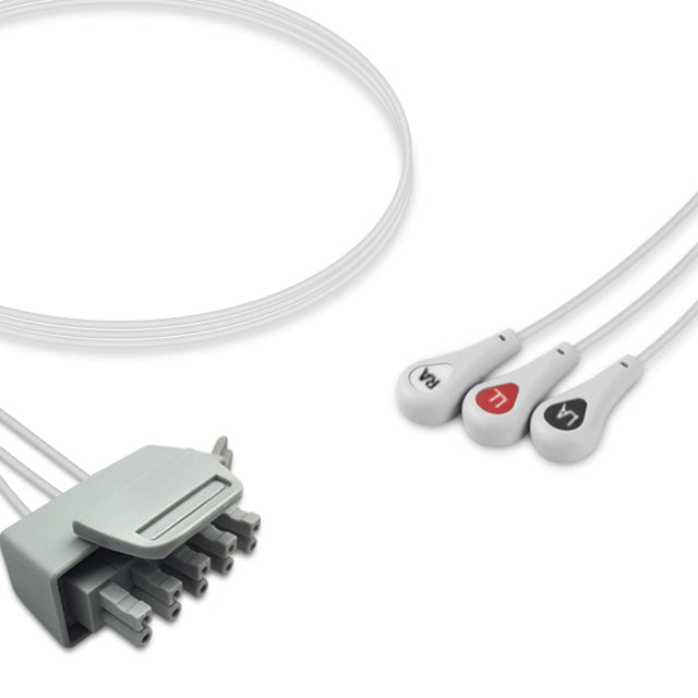 A set of white ECG (electrocardiogram) leads with a grey connector and twin-pin snap, including three different colored leads (red, white, and black).