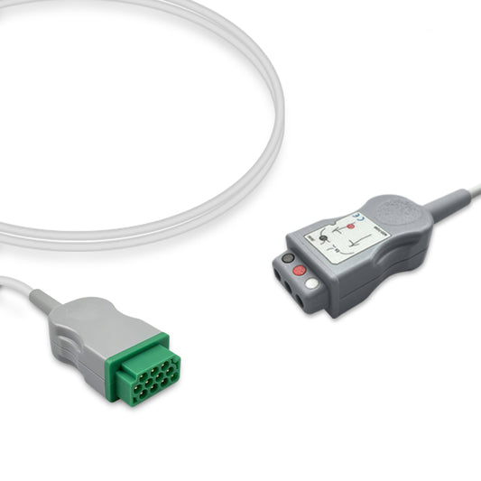 A white ECG trunk cable with a green 10-pin DIN connector on one end and a grey connector on the other, compatible with Marquette ECG systems.