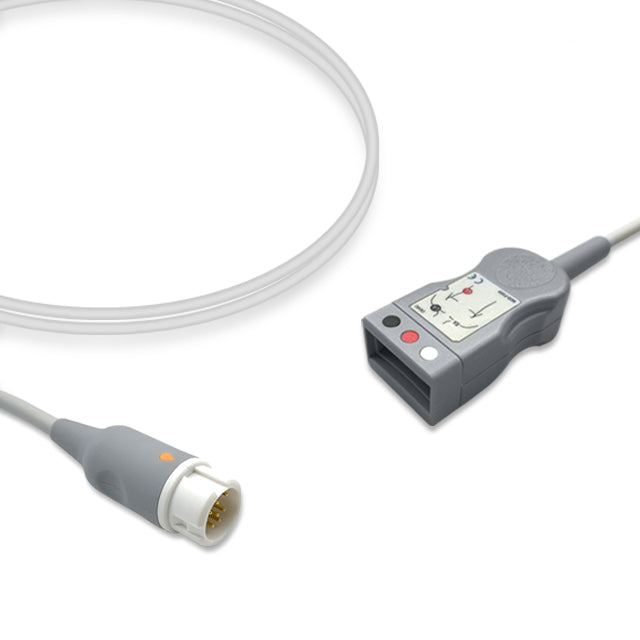 A gray ECG trunk cable with a connector on one end and a module with buttons and indicator lights on the other.