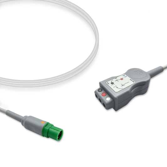 A gray ECG trunk cable with a round distal end and a DIN safety connector proximal end, compatible with Siemens/Draeger systems.