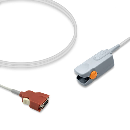 An SpO2 sensor with a gray body, an adult finger clip, and a red 20-pin connector.