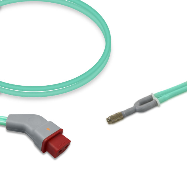 A green Nihon Kohden NIBP Air Hose with a double tube design, featuring red and gray connectors.