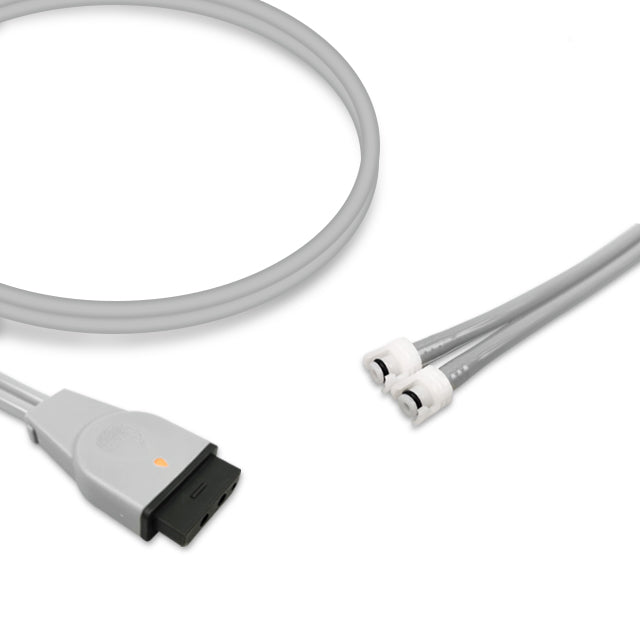 A gray double tube NIBP Air Hose with a connector on one end and a pair of tubes on the other, compatible with GE Healthcare equipment.