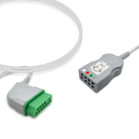 A gray Nihon Kohden ECG trunk cable with a 12-pin rectangular connector at one end and a twin pin connector at the other, on a white background.