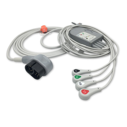 One-piece ECG cable with a grey body, multiple white leads, and a black connector.