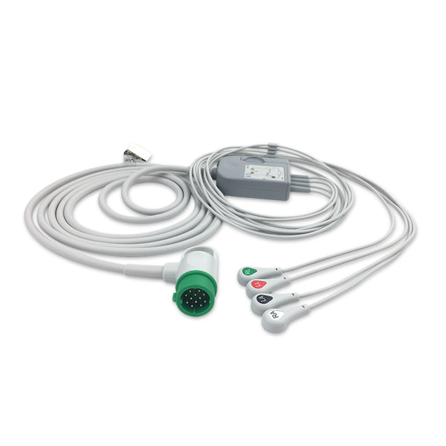 A gray four-lead ECG cable with a snap connector and AHA color coding, compatible with Physio-Control LifePak models.