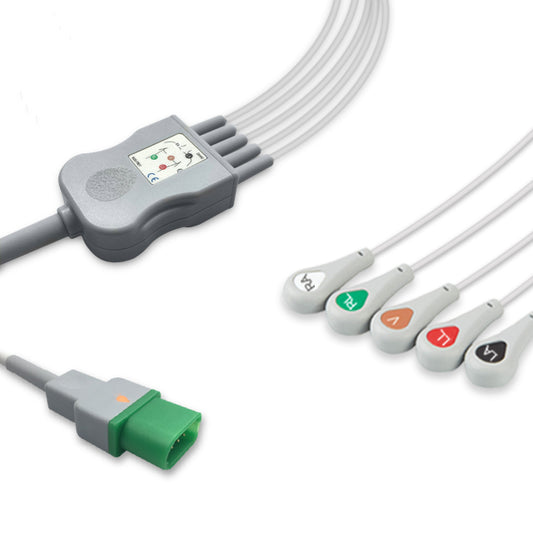 A five-lead ECG (electrocardiogram) cable with a grey color, including a snap connector and colored coding for different leads.