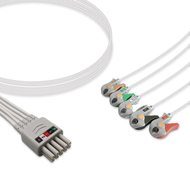 A five-lead ECG (electrocardiogram) cable with a grey color, including a central connector and distal twin pin, designed for use with specific ECG machines.