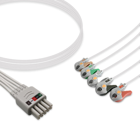 A five-lead ECG (electrocardiogram) cable with a grey color, including a central connector and distal twin pin, designed for use with specific ECG machines.