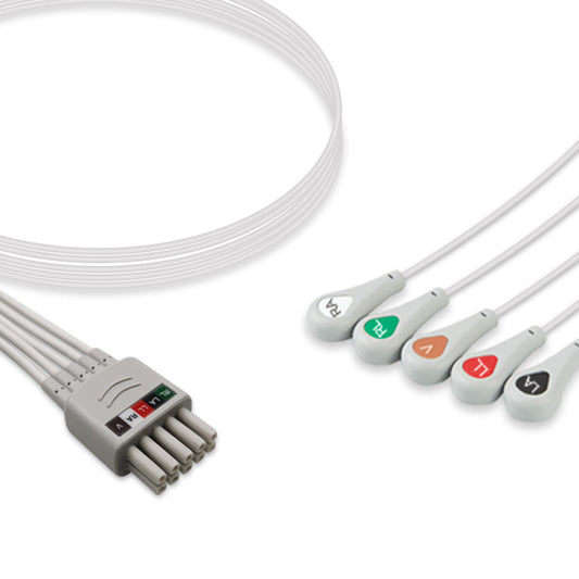 A five-lead ECG (electrocardiogram) cable with gray color coding and snap connector at the proximal end, designed for use with medical equipment.