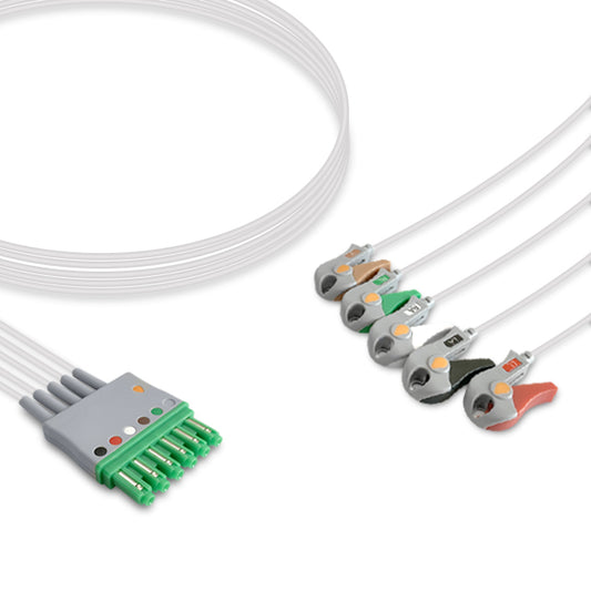 A five-lead ECG (electrocardiogram) cable with a green connector and white cable, including a proximal pinch/Grabber, against a white background.