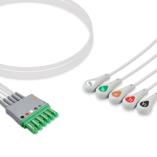 A five-lead ECG (electrocardiogram) cable with a green connector and white wires, each having a different colored marking.