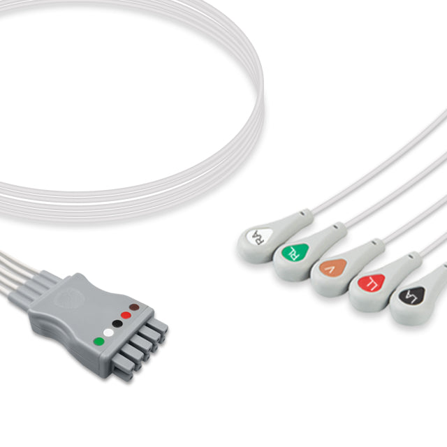 A five-lead ECG (electrocardiogram) cable with a snap connector and colored electrodes, compatible with GE Healthcare equipment.