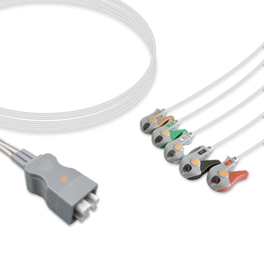 A five-lead ECG (electrocardiogram) cable with a grey connector and colored clips on a white background.