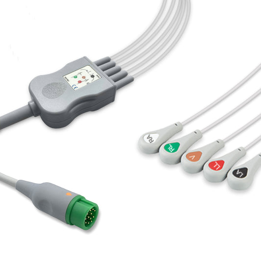A five-lead ECG (electrocardiogram) cable with a snap proximal connector and colored lead wires attached to a grey connector.