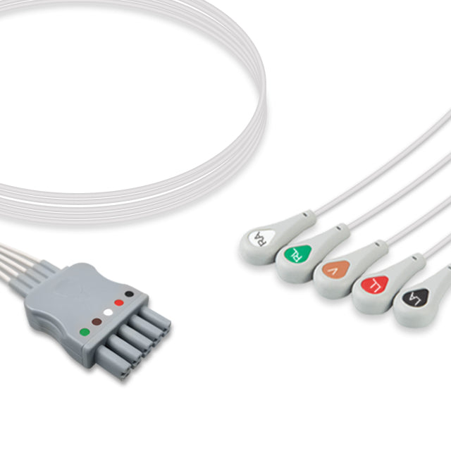 A set of gray Mindray ECG leadwires with a central connector and five separate wires, each with a different colored tip (red, white, blue, green, and yellow).