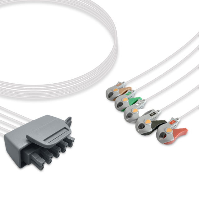 A set of five multicolored medical electrocardiogram (ECG) leads with a grey connector, designed for use with Philips ECG equipment.