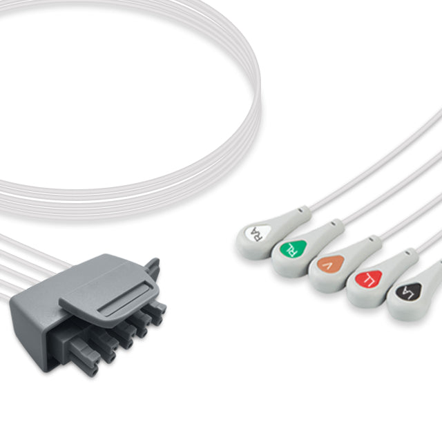 A set of five ECG (electrocardiogram) leads with a snap connector and colored terminals, compatible with Philips ECG Leadwire M2592A.