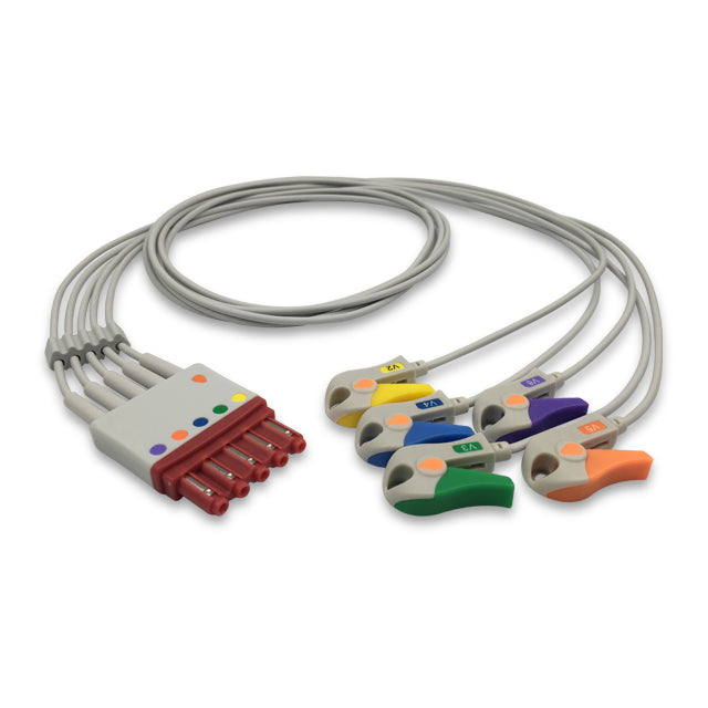 A five-lead ECG (electrocardiogram) cable with multi-colored connectors and a gray ribbon cable, compatible with Philips ECG Leadwire M1976A.