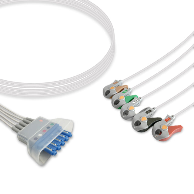 A five-lead ECG (electrocardiogram) cable with a white connector and colored wires, compatible with Philips ECG equipment.