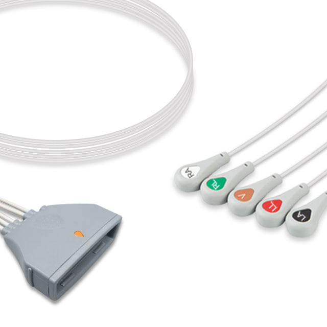 A set of five grey ECG (electrocardiogram) leads with a snap connector, labeled with color-coded dots and a white cable.