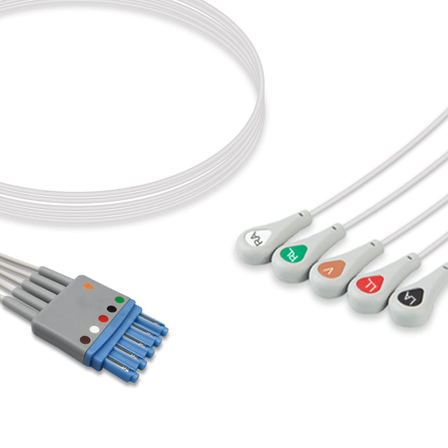 A five-lead ECG (electrocardiogram) cable with a snap connector and colored electrodes, compatible with Philips ECG equipment.