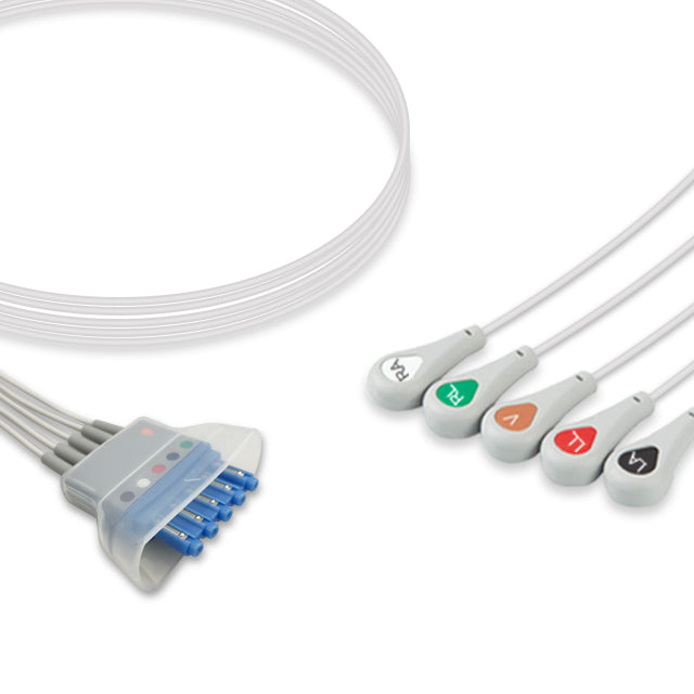 A five-lead ECG (electrocardiogram) cable with a snap connector and colored leads, compatible with Philips ECG equipment.
