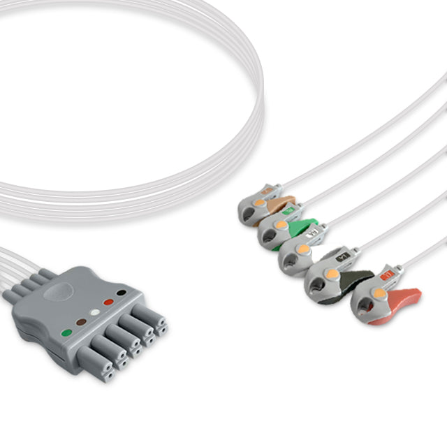 A five-lead ECG (electrocardiogram) cable with a gray connector and colored clips, compatible with Draeger medical equipment.